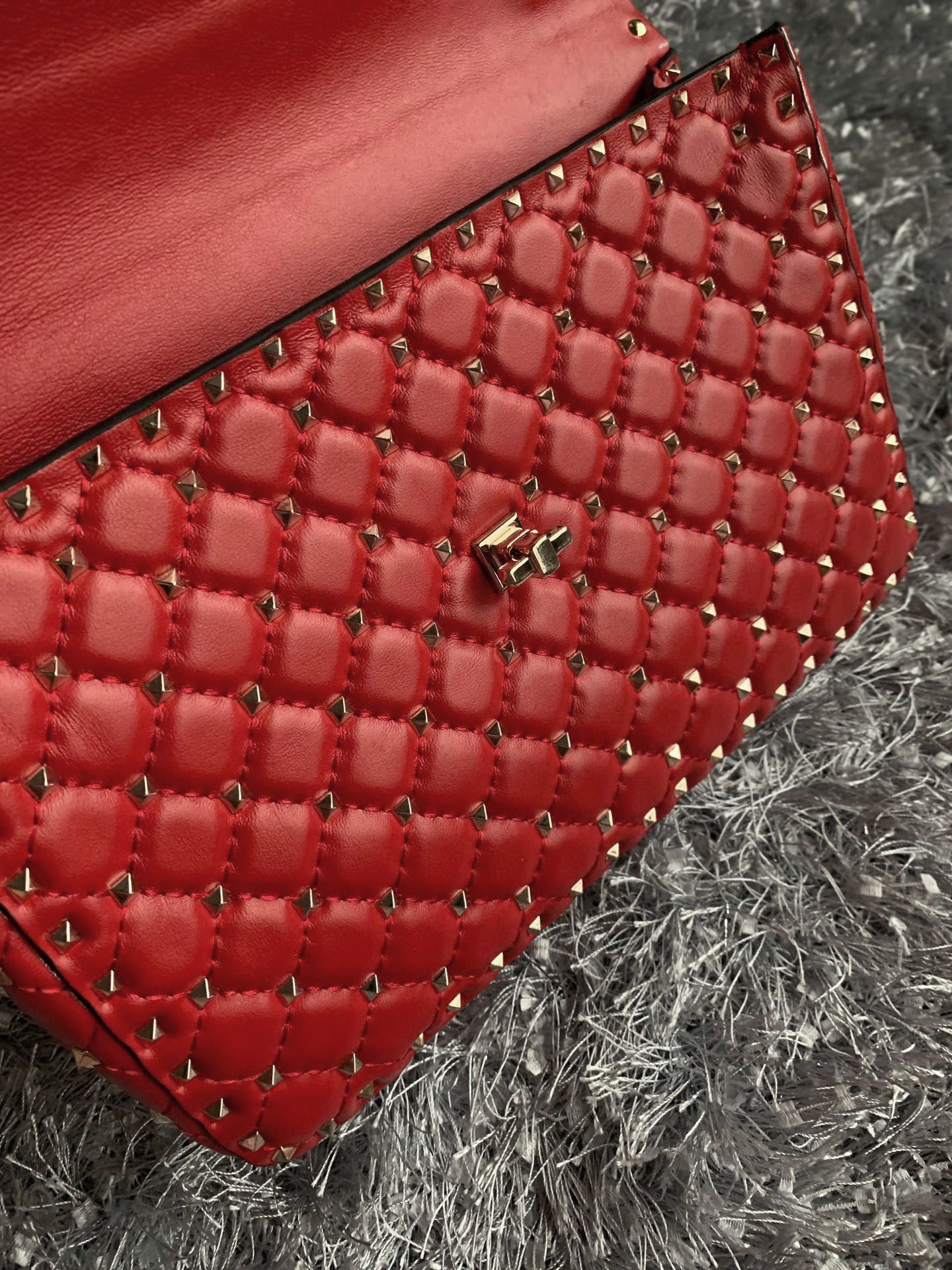 Valentino Garavani Rockstud Spike Big Chain Bag in Red Supple Lambskin Nappa